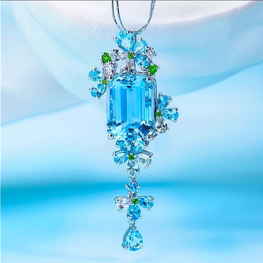 Silver Blue Morganite Pendant Charm Necklace